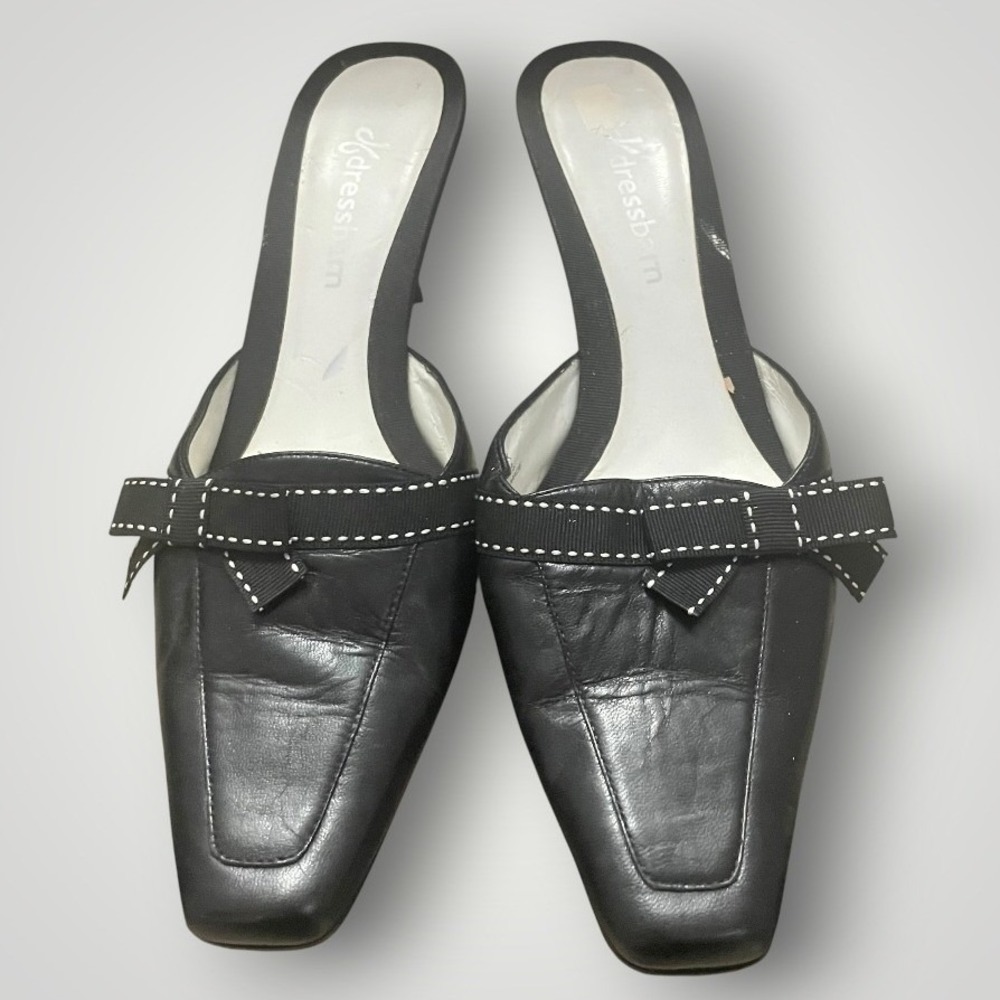 Dressbarn Mules Women 8.5 Black Leather Square Toe Bow Kitten Heel Vintage Y2K
